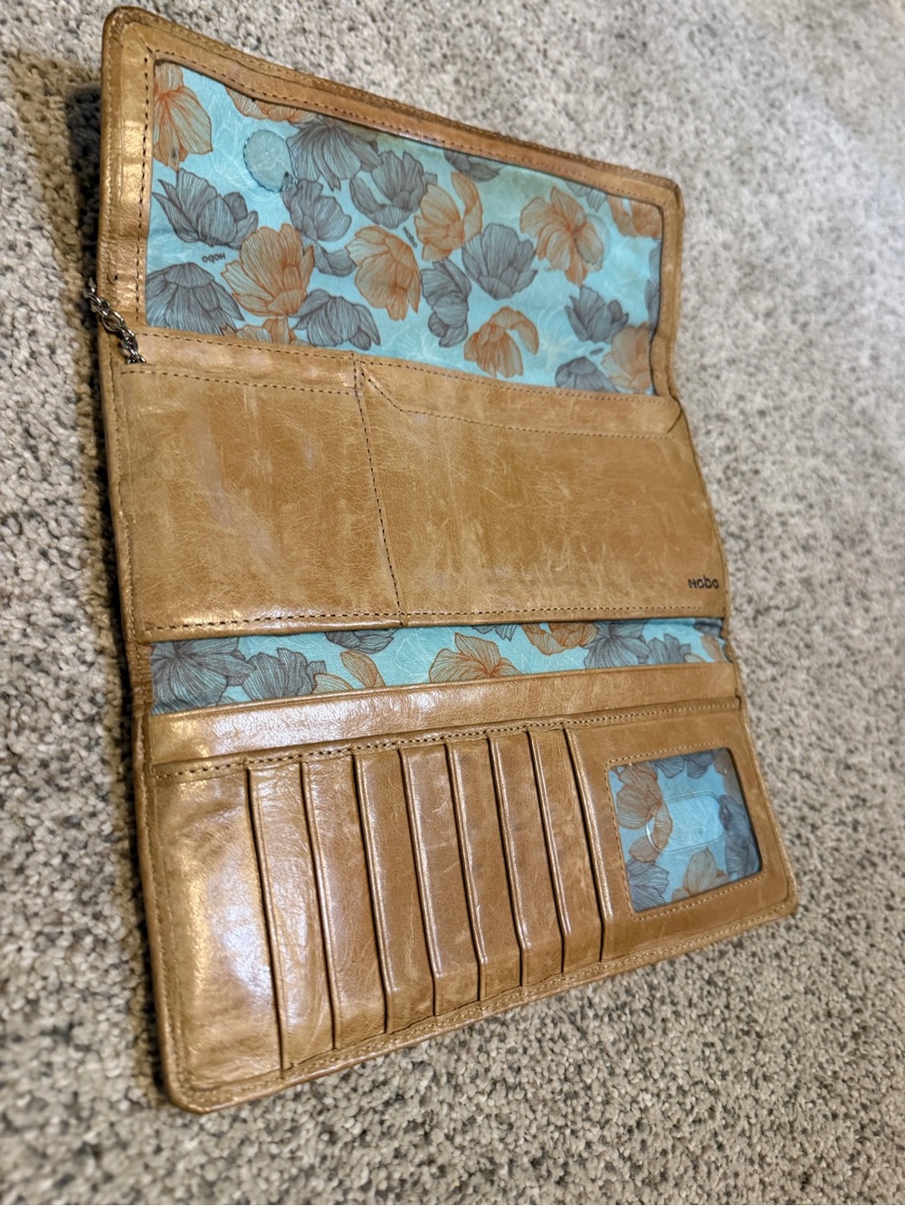 HOBO Tan Leather Fold-Over Wallet with Aqua Floral Interior